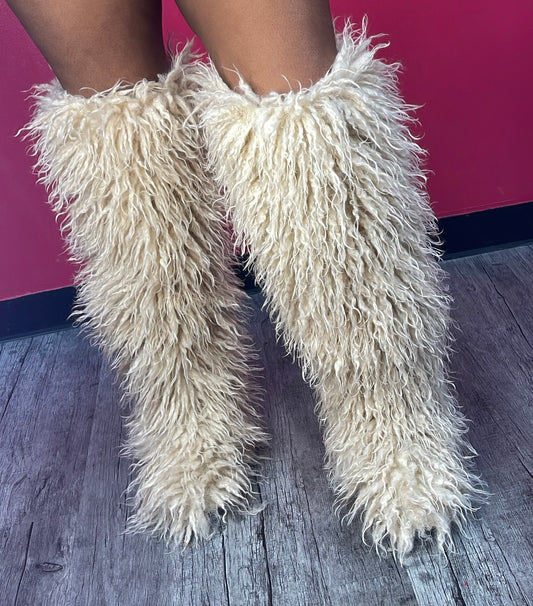 Faux Fur Beige Over Knee Boots✨
